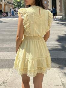 Cévolie French Style Ruffled Lace Cap Sleeve Waist Cinched Short Dress, Light Yellow - Yellow - View 2