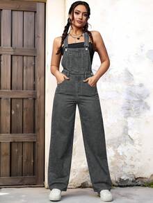 SHEIN ICON Bộ áo liền quần denim không tay, màu trơn, dáng rộng, có túi. - Xám - Xem 4