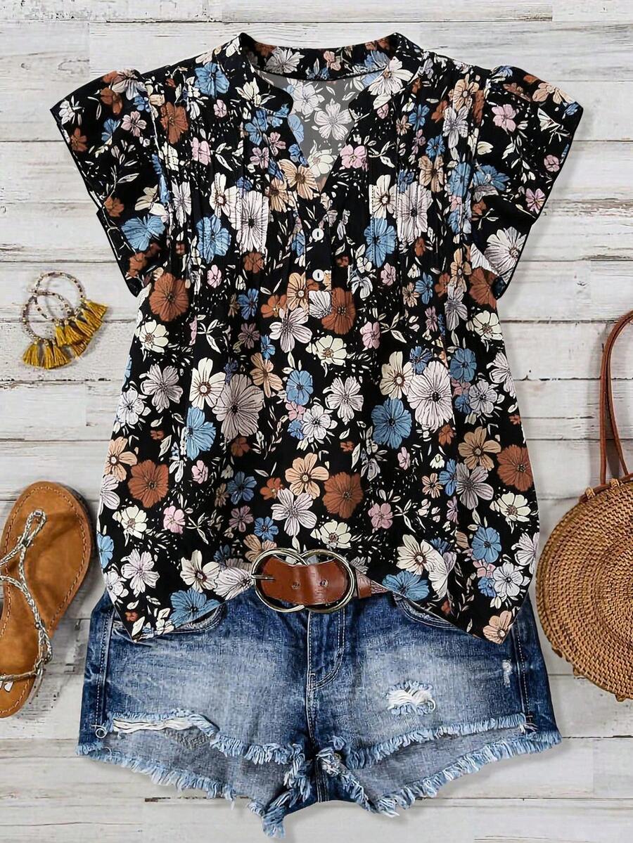 Linhara 大码碎花休闲度假衬衫短袖夏季上衣碎花女式衬衫夏季上衣女士夏季衬衫夏季休闲上衣夏季休闲上衣女士夏季衬衫 - 彩色 - 查看 1