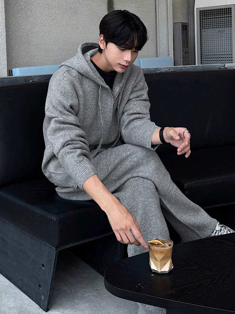 Men's Knitted Gray Hooded Cardigan And Elastic Waist Pants 2-Piece Outfit, Autumn