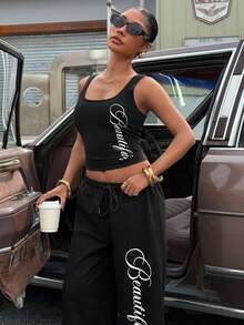 Muchica 女士字母印花方领背心和抽绳腰阔腿裤运动休闲套装 - 黑色 - 查看 5