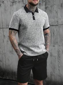 SLATEMANN Men's Knitted Short Sleeve Polo Shirt And Shorts 2-Piece Set, Casual Button Collared Outfit,Black And White,Summer,Streetwear,City Break Gift - Black and White - View 1