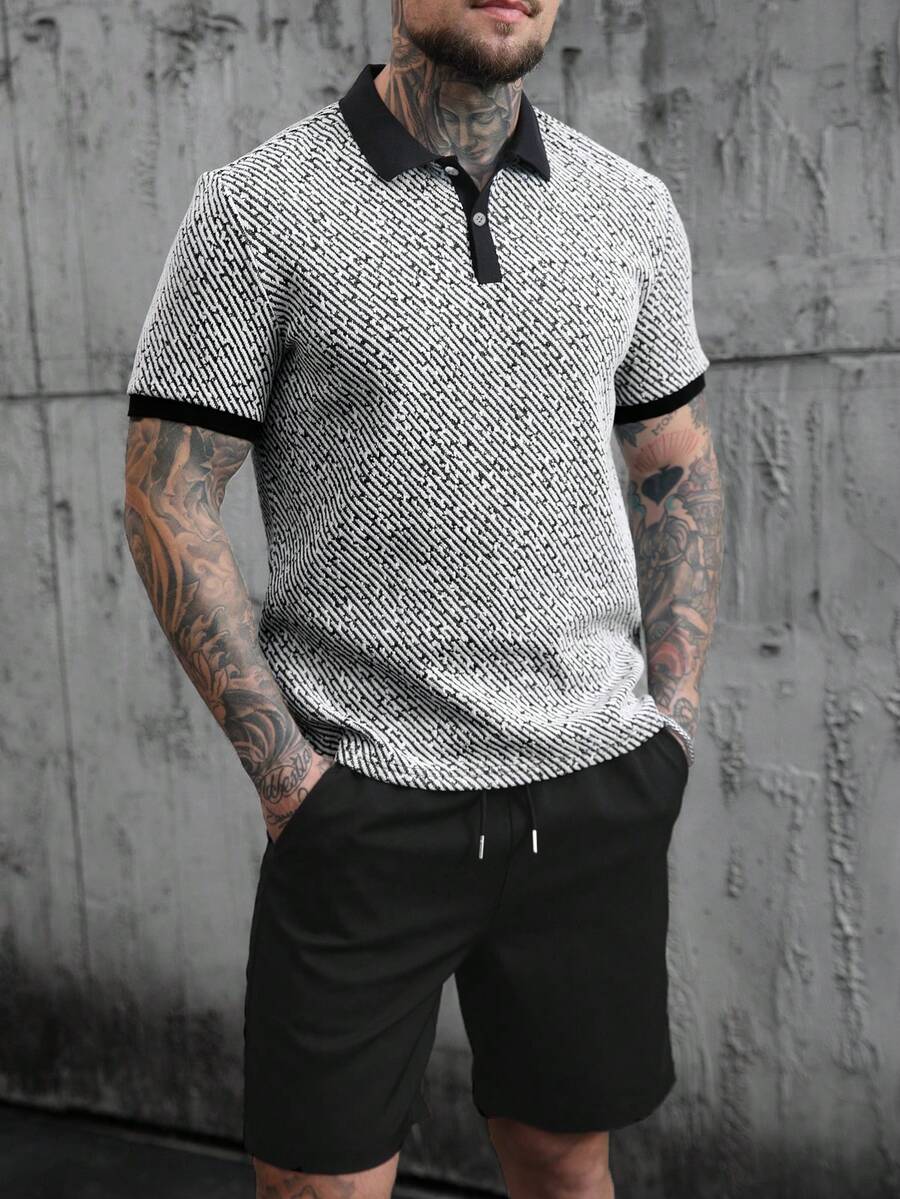 SLATEMANN Men's Knitted Short Sleeve Polo Shirt And Shorts 2-Piece Set, Casual Button Collared Outfit,Black And White,Summer,Streetwear,City Break Gift - Black and White - View 1