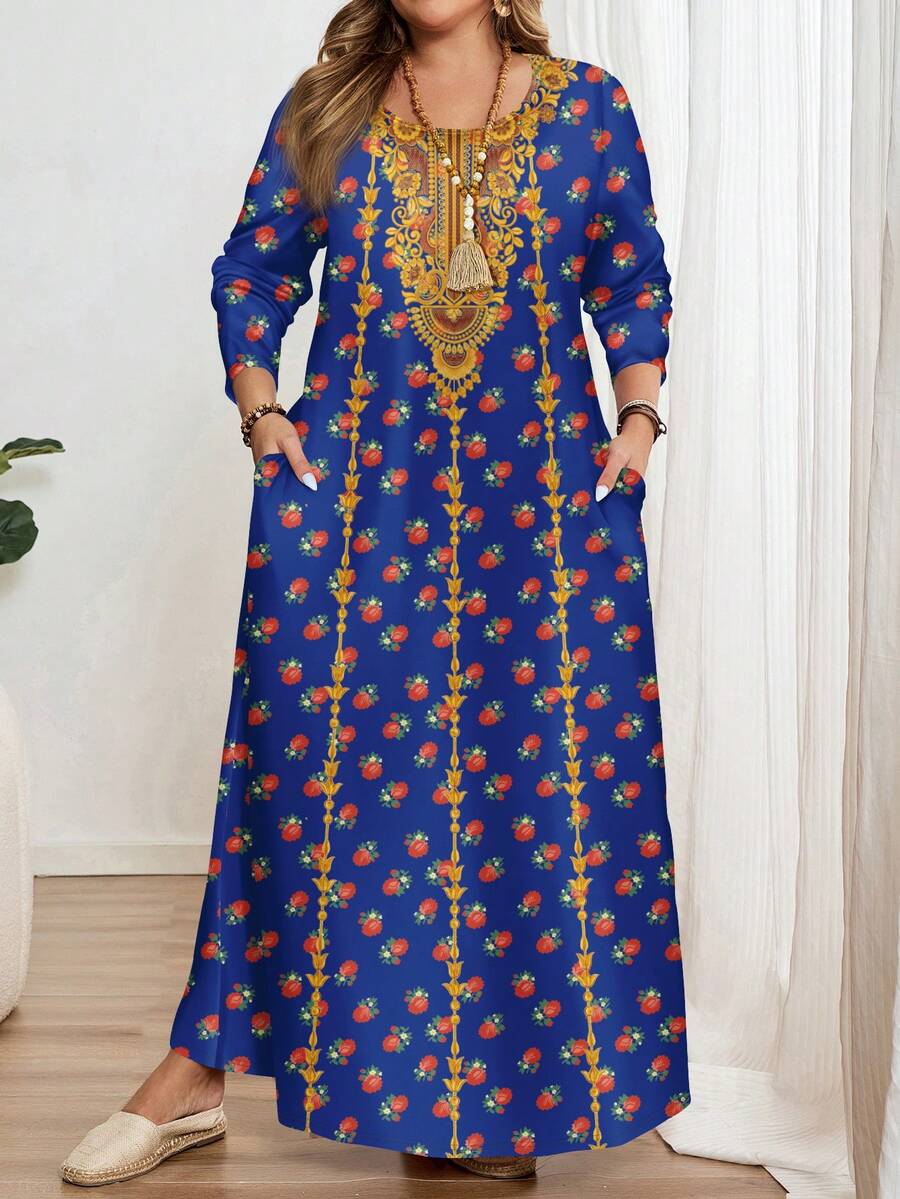 Mellowie Plus Size Long Sleeve Round Neck Dress, Suitable For Autumn/Winter Carnival - Multicolor - View 1