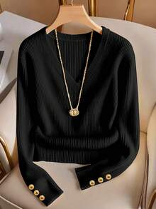 Franclia V领优雅纯色针织T恤，简约时尚针织上衣 - 黑色 - 查看 1