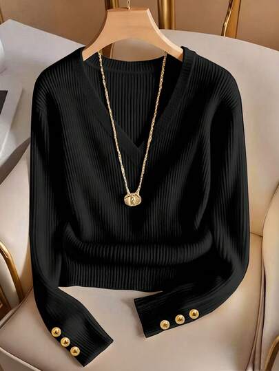 Franclia V领优雅纯色针织T恤，简约时尚针织上衣