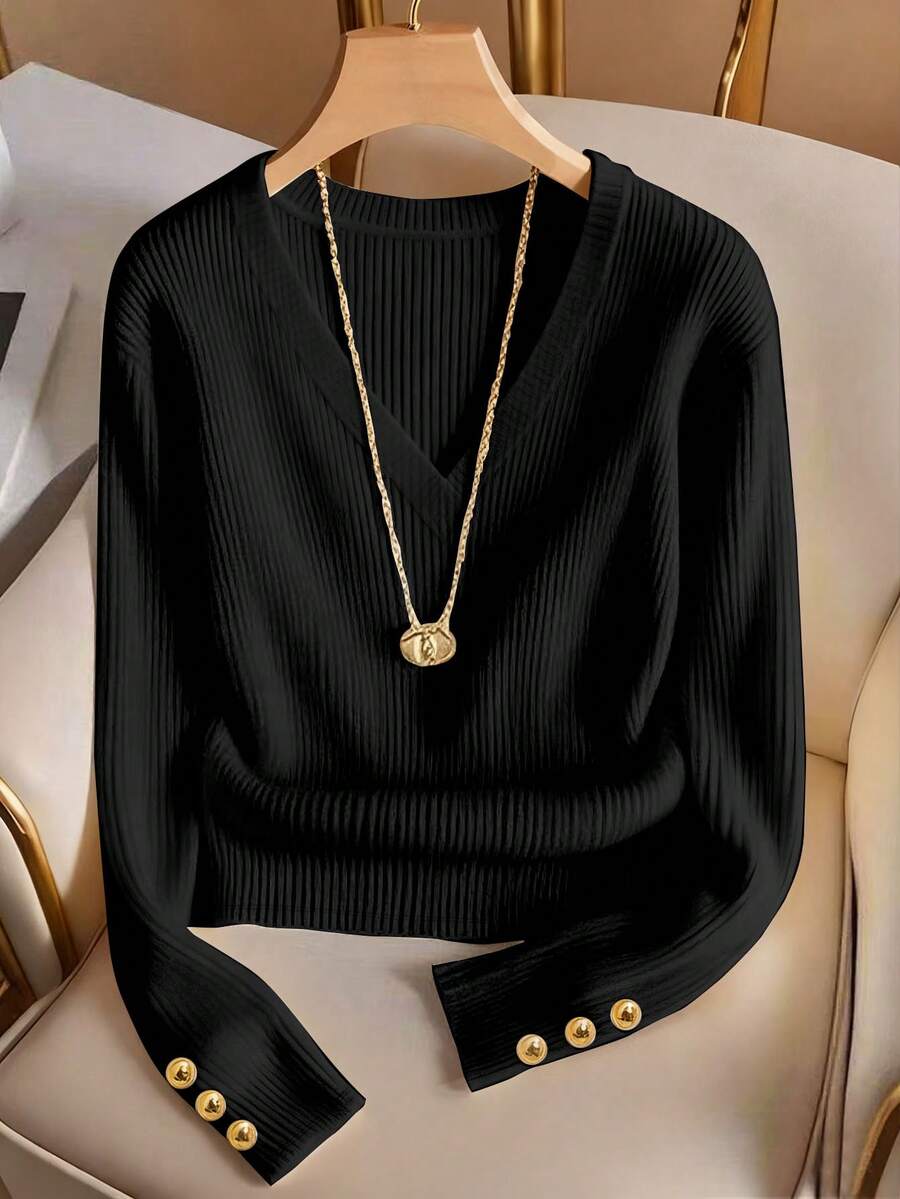 Franclia V领优雅纯色针织T恤，简约时尚针织上衣 - 黑色 - 查看 1