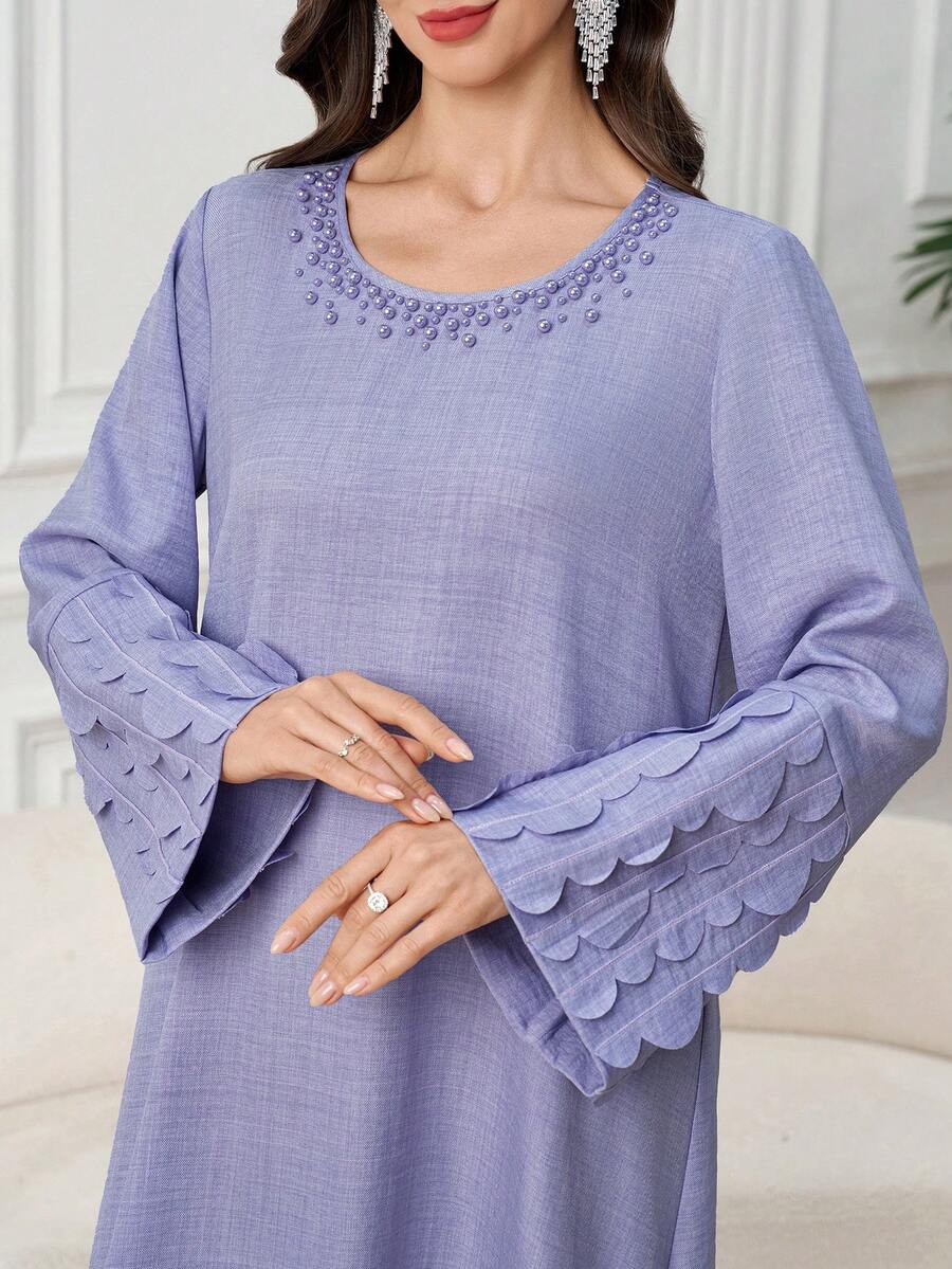 Al Najma Women's Solid Color Beaded Decor Round Neck Flare Sleeve Elegant Arabic Style Dress