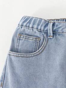 SHEIN 青少年男孩褪色优雅全印花马牛仔布校园精神牛仔裤