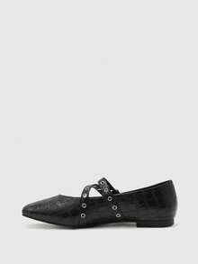 CUCCOO BIZCHIC Quadratische Zehenkappe Vintage Nieten Schnallen Mary Jane Schuhe, Damen Flache Ballett Schuhe mit niedrigem Rist und verstecktem Keilabsatz - Schwarz - Übersicht 9