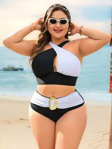 Swim Lushoire Plus Size Black Summer Classy Beach Holiday Swimwear,Solid Color Patchwork Criss-Cross Ruched Crop Top With High Waist Pants Triangle Bottoms Set - Black and White - View 6