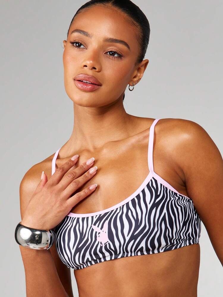 Missguided x Playboy Dwuczęściowy komplet bikini z nadrukiem zebry, ramiączkami spaghetti i wysokim stanem, letni strój kąpielowy, na wakacje na plaży i przy basenie w ośrodku wypoczynkowym