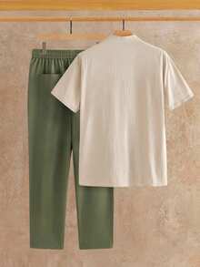 Manfinity VCAY Men's 2 Piece Linen Outfit,Summer Casual Holiday Vacation Army Green Pants Set,Stand Collar Short Sleeve Button Down Shirt & Drawstring Trousers Set - Apricot - View 2