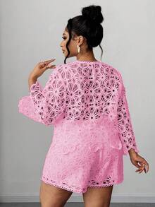 Maweii 大码女式镂空花卉圆领长袖优雅时尚衬衫 - 淺粉色 - 查看 2