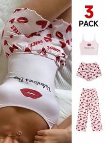 SHEIN EZwear Ensemble casual femme avec débardeur et short imprimés léopard, cœur et nœud papillon - Rouge - Voir 1