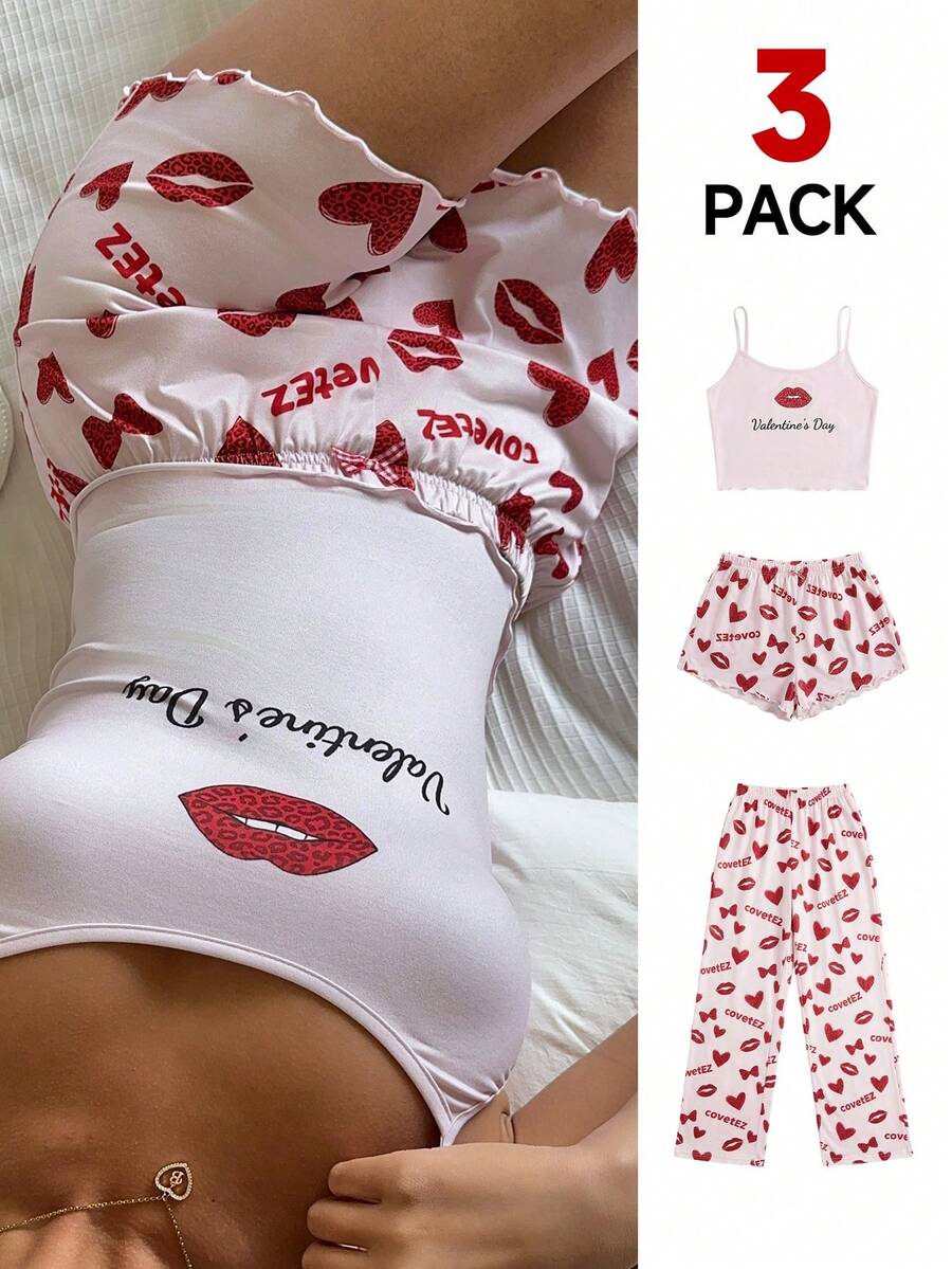 SHEIN EZwear Ensemble casual femme avec débardeur et short imprimés léopard, cœur et nœud papillon - Rouge - Voir 1