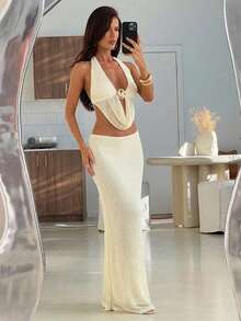 Aloruh Women's Vacation Deep V Starfish Solid Color Textured Halter Backless High Slit Dress, Suitable For Weddings, Vacations, Dates, Beach - Apricot - View 5
