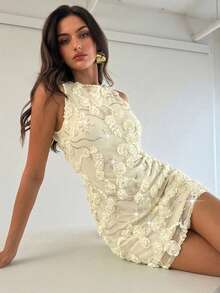 Aloruh Women's Backless Embroidered Chiffon Mini Dress,White Floral,Summer,Elegant,Party,Sleeveless A-Line Bodycon 3D Floral Sequin Cocktail Ivory Dress - Yellow - View 5