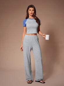 SHEIN Women's Spring/Summer Contrast Color Splice Raglan Sleeve Fitted Minimalist Knit Loungewear Set, Round Neck Short Sleeve & Wide Leg Pants 2 Pieces - Grey - View 6