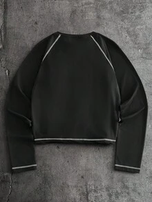 AXEPEAK 男士几何印花圆领长袖撞色滚边休闲T恤 - 黑與白 - 查看 4