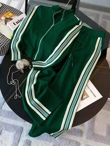 Franclia 女式条纹长袖拉链连帽衫和裤子休闲两件套 - 綠色 - 查看 4