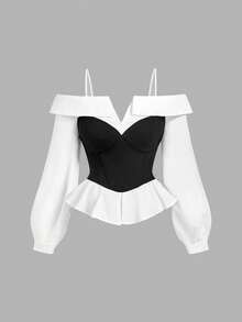 SHEIN MOD 大码女士优雅黑白露肩上衣，简约时尚，休闲日常穿搭，街头风，办公场合，长袖上衣，新年优雅上衣，哥特风，外出上衣，派对上衣，女士休闲上衣，嘉年华，夏季上衣 - 黑與白 - 查看 5