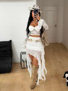 Coolane Women's Summer Concert Outfit Streetwear Vacation Outfits Boho Y2K Country Concert Gyaru Lace Asymmetrical Ruffle Fringe White Low Rise Long Skirts - White - View 2