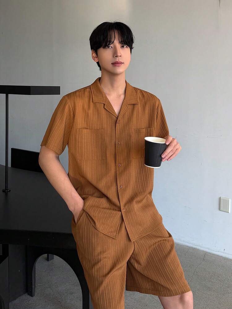 Men's Brown Short Sleeve Shirt And Shorts Set, Summer