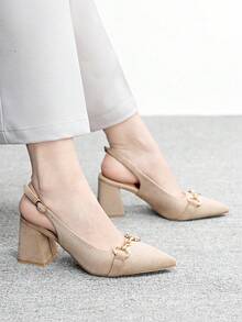 CUCCOO BIZCHIC Sepatu hak tebal wanita warna burgundy, desain minimalis klasik, cocok untuk bepergian, kencan, pesta, liburan, pernikahan, Natal, dan musim semi. - Krim Aprikot - View 4