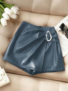 Franclia 女士休闲时尚街头风PU皮短裙，适合毕业典礼、教师节、返校季等场合 - 霧霾藍 - 查看 5