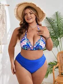 SHEIN CURVE+ Bộ bikini cỡ lớn mùa hè in họa tiết ngẫu nhiên gồm áo ngực và quần, kiểu dáng thon gọn và tối giản cho kỳ nghỉ hè và đi biển, trang phục đi nghỉ mát cho nữ, trang phục đi biển cho nữ, đồ bơi cỡ lớn. - Màu xanh lam - Xem 6