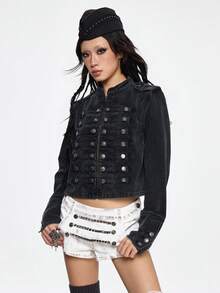 ROMWE Grunge Punk Áo khoác denim rách kiểu cổ điển với khóa kim loại phong cách punk hàng hải. - màu đen - Xem 7