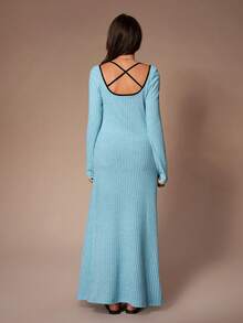 Lazeform Vestido Casual Feminino de Contraste de Cor com Decote Halter, Cruzado nas Costas e Sem Costas, Roupa de Estar em Casa da Moda Pode Ser Usado ao Ar Livre - Azul - Visão 2