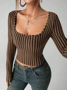 SHEIN ICON Áo thun nữ tay dài cổ vuông dáng ngắn kẻ sọc gợi cảm để đi chơi - màu nâu - Xem 5