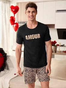 CoupledUp Bộ đồ ngủ nam tay ngắn, quần short, họa tiết da báo, chữ cái, kiểu dáng thường ngày. - Nhiều màu - Xem 3