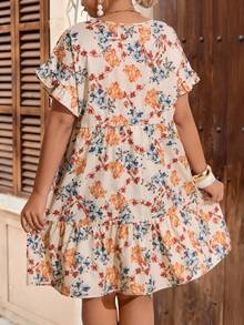Breezaya Plus Size Round Neck Ruched Short Sleeve Printed Loose Dress - Multicolor - View 2