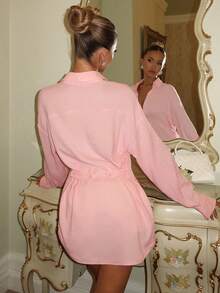 Glamine Charm Áo sơ mi nữ tay dài dáng rộng, thiết kế eo thon, phong cách lãng mạn cho kỳ nghỉ - Hồng - Xem 4