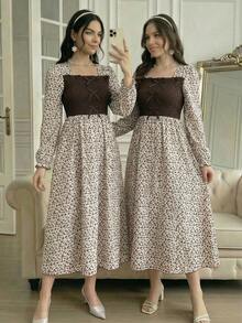 SHEIN Đầm dệt hoa thanh lịch với tay phồng và cổ vuông, đầm đi nghỉ mát thường ngày dành cho nữ sinh tuổi teen, mùa xuân/thu. - Màu be - Xem 4
