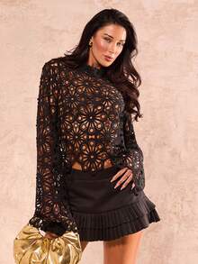 Glamine Black Sexy Cut Out Water-Soluble Embroidery Flare Sleeve Women's Blouse - Black - View 5