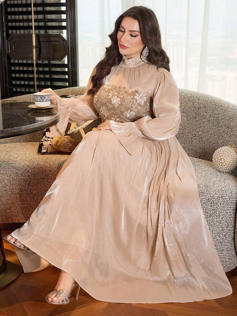 Modelyn 大码女士优雅收腰连衣裙套装 - 杏色 - 查看 1