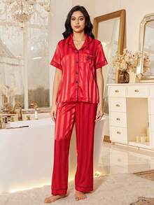 SHEIN Women's Solid Striped Jacquard Satin Embroidered Pocket Short Sleeve Pajama Set - Red - View 3