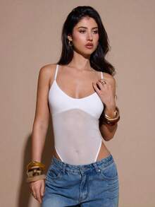 SHEIN BAE 黑色透视网纱拼接不对称连体衣，适合圣诞节、万圣节、亡灵节等场合，女士款 - 白色 - 查看 5