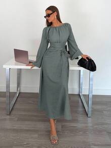 Siren Gaze 女士纯色船领喇叭袖抽绳腰休闲长裙 - 灰色 - 查看 4