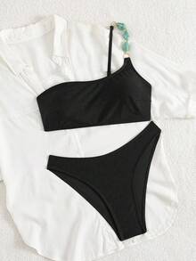 Swim Chiccia 女士夏季沙滩音乐节棕色亮面面料串珠单肩优雅比基尼套装 - 黑色 - 查看 9