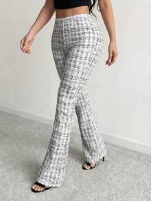 SHEIN SXY 女士休闲格子印花高腰喇叭裤，适合工作和通勤穿着。 - 黑與白 - 查看 5