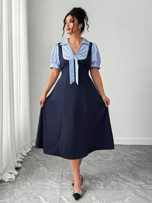 Elenzga Plus Size Fashionable Commuter Striped Shirt Dress - Multicolor - View 3