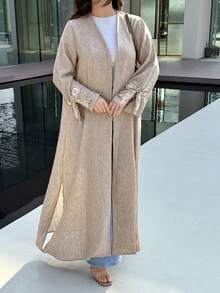 Yasmyna 女士优雅阿拉伯长袍，饰有拼接蝴蝶结和亮片袖口