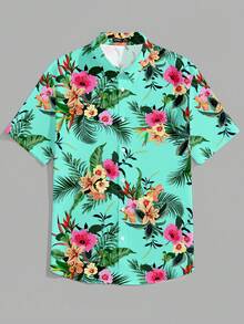 VIVINTIMO 男士印花短袖单排扣衬衫，度假装热带男装夏威夷衬衫，夏季度假男士衬衫 - 彩色 - 查看 3