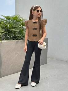 SHEIN Nova Glow 少女可爱纽扣短袖撞色休闲衬衫 - 卡其色 - 查看 6