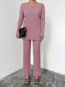 EURMUSE 女式纯色长袖上衣和裤子两件套，时尚夏季服装 - 藕粉色 - 查看 2